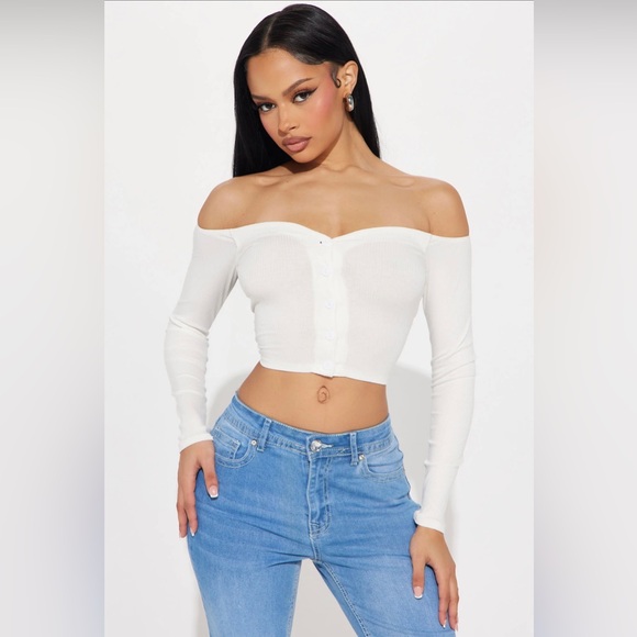 FASHION NOVA - Talk That Talk White Off The Shoulder Button Up Crop Top - Picture 5 of 6